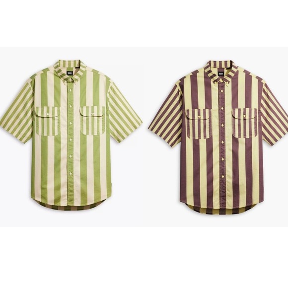 Levi's Skateboarding Short Sleeve Striped Mens Shirt Set Brown Green Small 0521 - Picture 1 of 7